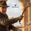 Indiana Jones inspired adventurer cracking a brown kangaroo leather bullwhip in a cinematic action scene