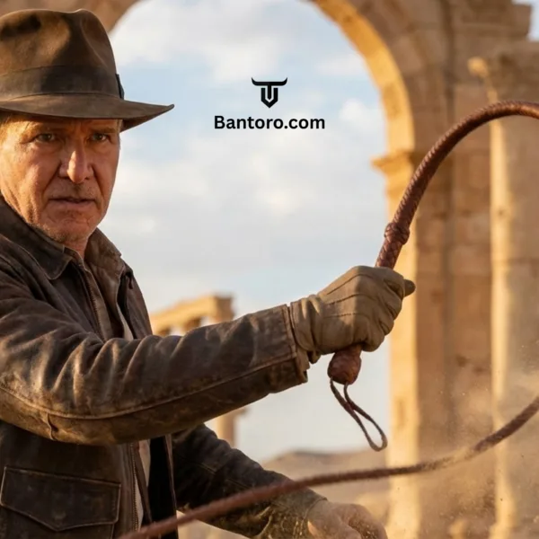 Indiana Jones inspired adventurer cracking a brown kangaroo leather bullwhip in a cinematic action scene