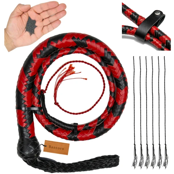 Red and black 3ft leather snake whip shot-loaded bullwhip with extra crackers and waist holder