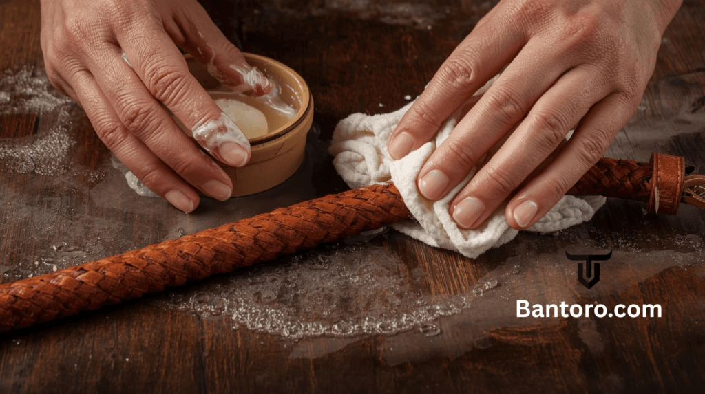Cleaning a leather bullwhip with saddle soap and a soft cloth
