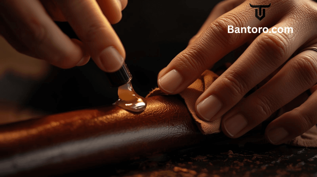 Applying leather conditioner to a bullwhip to keep the leather supple