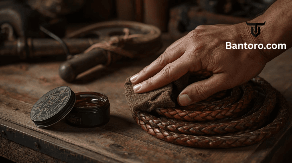 Applying leather dressing to a bullwhip with a soft cloth