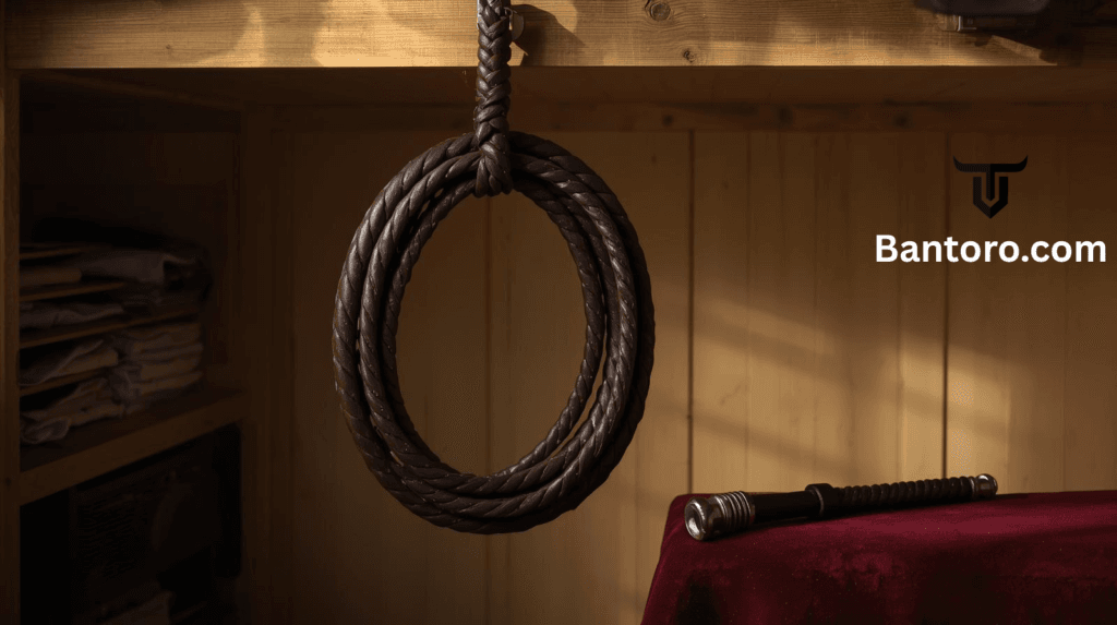 Coiled leather bullwhip stored carefully in a clean, dry space