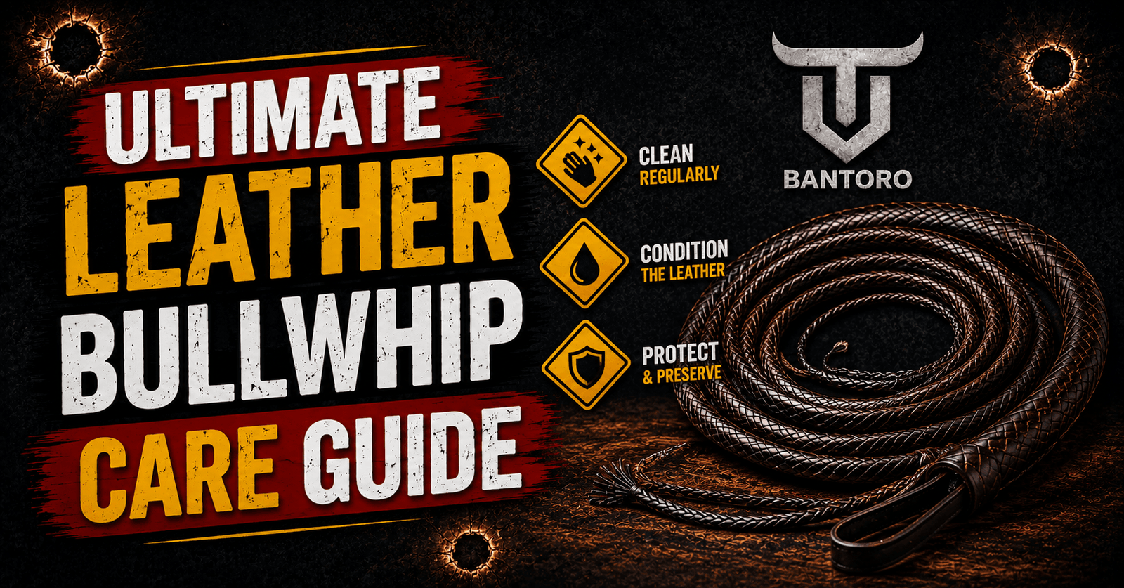 Ultimate leather bullwhip care guide thumbnail featuring a braided leather bullwhip