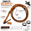 Complete black and orange 16-plait paracord bullwhip kit with leather waist holder, spare falls, and extra poppers/crackers.