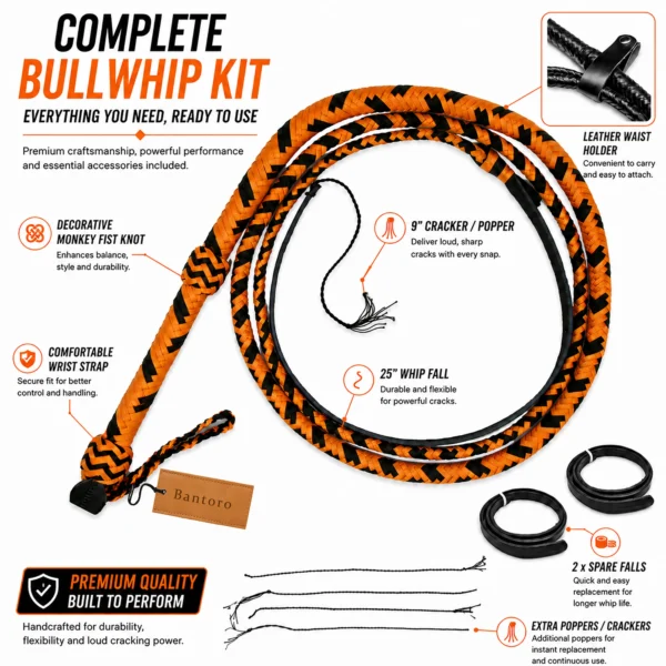 Complete black and orange 16-plait paracord bullwhip kit with leather waist holder, spare falls, and extra poppers/crackers.