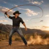 Professional cowboy cracking a black and orange 16-plait paracord bullwhip outdoors with the decorative monkey fist handle visible.