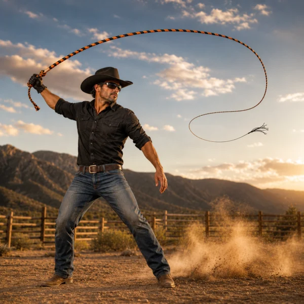 Professional cowboy cracking a black and orange 16-plait paracord bullwhip outdoors with the decorative monkey fist handle visible.