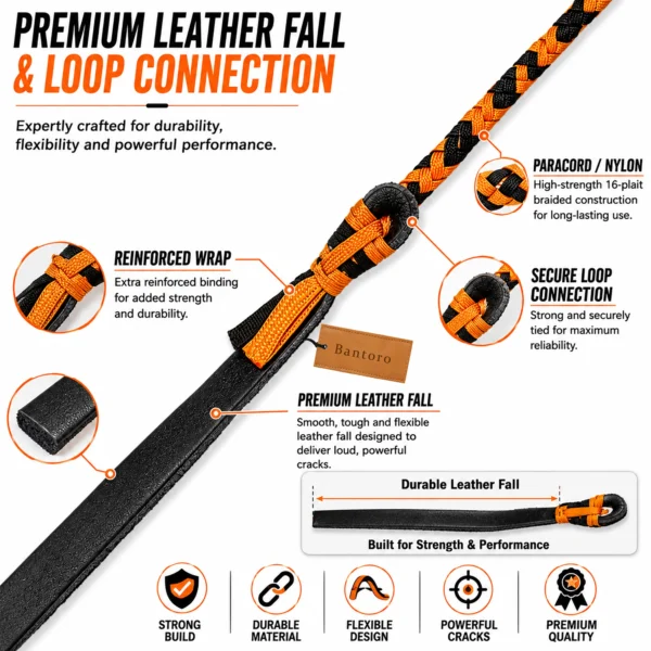Close-up of premium leather bullwhip fall with reinforced wrap and secure loop connection on a paracord bullwhip.