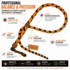 Black and orange 16-plait paracord bullwhip displaying balanced weight distribution, tapered body, braided handle, and monkey fist knot.