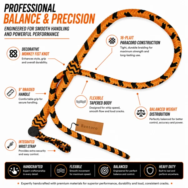 Black and orange 16-plait paracord bullwhip displaying balanced weight distribution, tapered body, braided handle, and monkey fist knot.