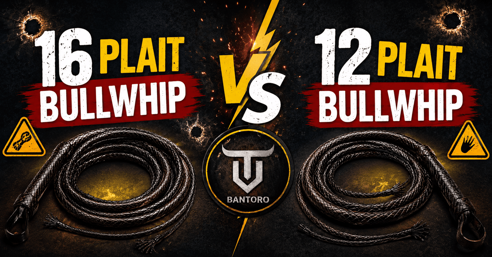 Comparison thumbnail showing 16 plait bullwhip vs 12 plait bullwhip with braided leather whips