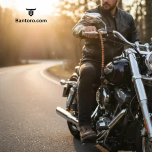 Fouet « Get Back » en cuir marron et noir fixé à une moto Harley-Davidson noire