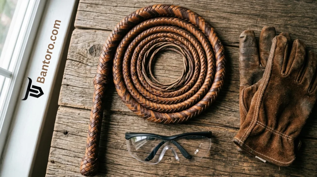 Beginner bullwhip safety gear including 8ft leather bullwhip, gloves, and eye protection