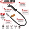 42 inch genuine leather motorcycle get back whip with long leather tassels, real pool ball handle, braided leather construction, stainless steel quick-release buckle, and durable core.