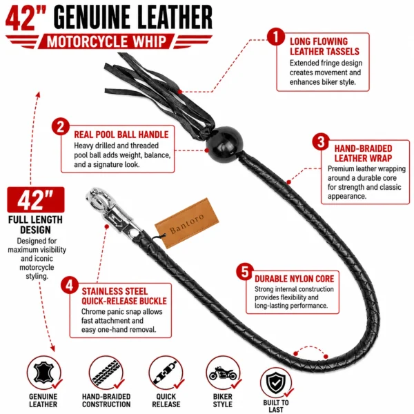 42 inch genuine leather motorcycle get back whip with long leather tassels, real pool ball handle, braided leather construction, stainless steel quick-release buckle, and durable core.