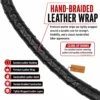 Hand-braided leather wrap motorcycle get back whip featuring premium leather strips tightly wrapped around a durable core for strength, flexibility, and classic biker style.