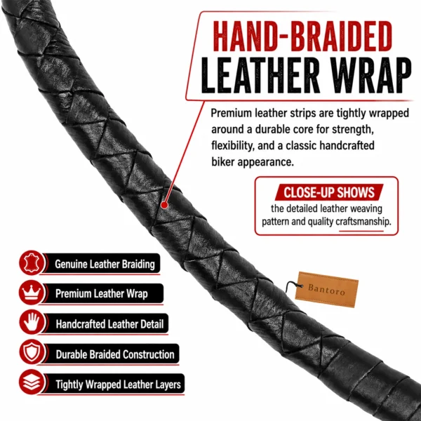 Hand-braided leather wrap motorcycle get back whip featuring premium leather strips tightly wrapped around a durable core for strength, flexibility, and classic biker style.
