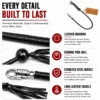 Premium motorcycle get back whip showing leather braiding, genuine pool ball handle, stainless steel buckle, and long leather tassels.