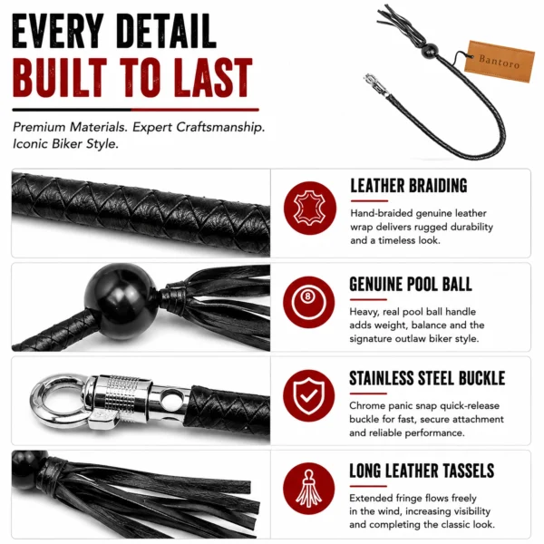 Premium motorcycle get back whip showing leather braiding, genuine pool ball handle, stainless steel buckle, and long leather tassels.