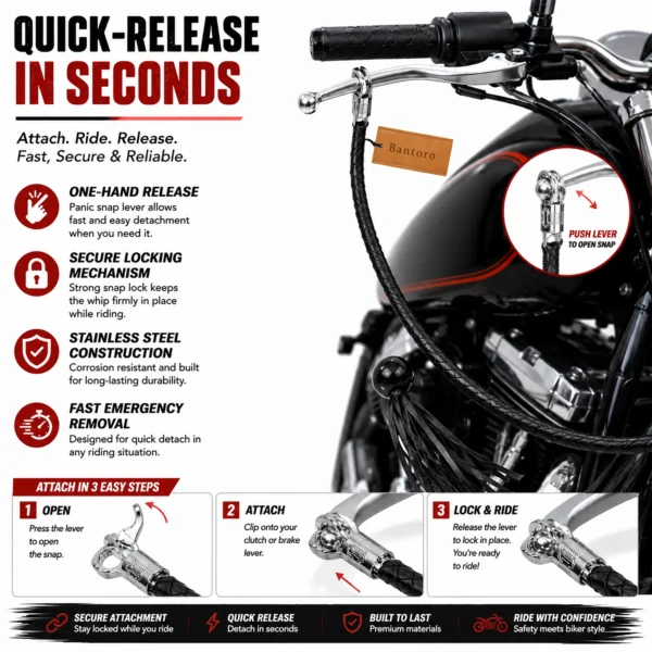 Quick-release motorcycle get back whip attached to a motorcycle handlebar with secure snap locking, easy installation, and reliable riding performance.