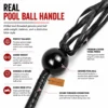 Motorcycle get back whip with real pool ball handle, premium leather tassel fringe, secure threaded connection, and balanced design for classic biker style.