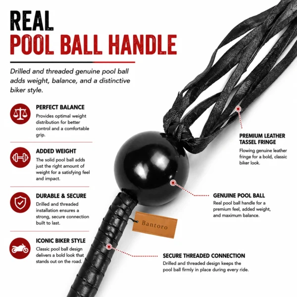 Motorcycle get back whip with real pool ball handle, premium leather tassel fringe, secure threaded connection, and balanced design for classic biker style.