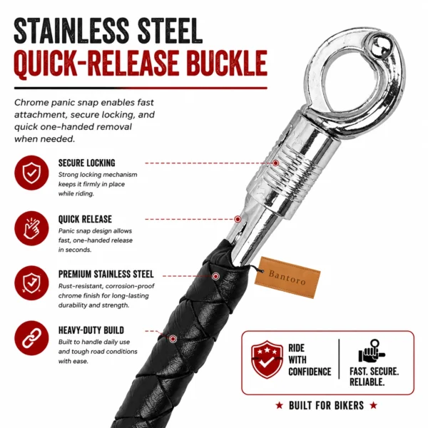Stainless steel quick-release motorcycle get back whip buckle featuring secure locking, fast attachment, one-hand release, and durable biker hardware.
