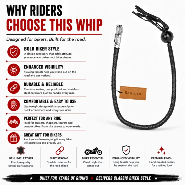 Motorcycle get back whip designed for riders with genuine leather craftsmanship, bold biker style, enhanced visibility, and durable construction.