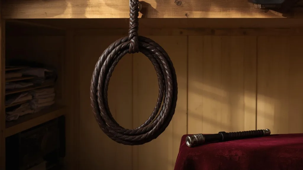 coiled leather bullwhip hanging on a wooden hook