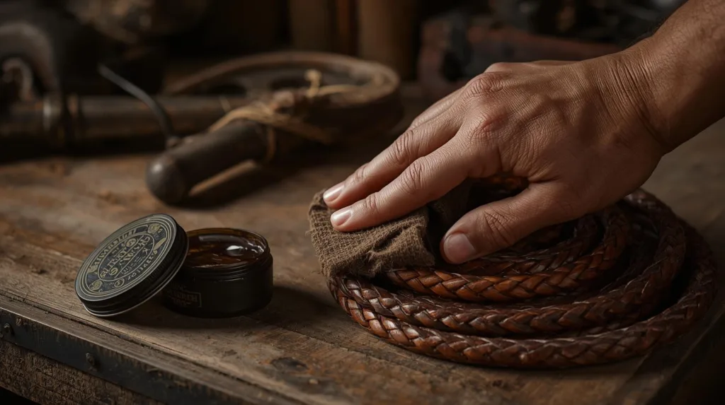 coiled leather bullwhip with hand gently apply product using a cloth