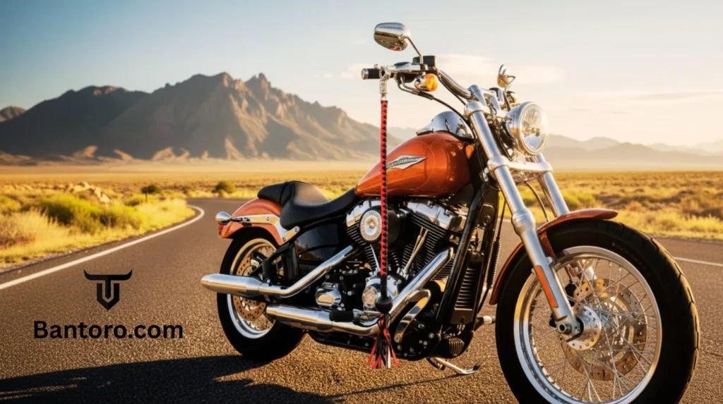 42-inch red and black leather motorcycle get-back whip with pool ball and quick-release clip attached to the left clutch lever of a Harley-Davidson motorcycle.