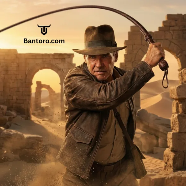 Indiana Jones inspired adventurer cracking an 8ft kangaroo leather bullwhip in action