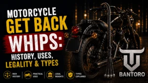 Black motorcycle with leather get back whip and Bantoro logo thumbnail about motorcycle get back whips history uses legality and types