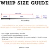 Bullwhip size guide showing handle, thong, fall, and popper with total length measurement from the handle base to the end of the braided thong.