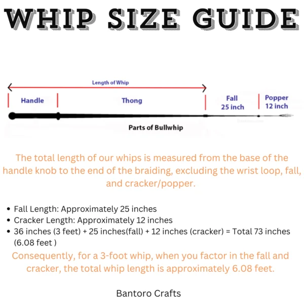 Bullwhip size guide showing handle, thong, fall, and popper with total length measurement from the handle base to the end of the braided thong.
