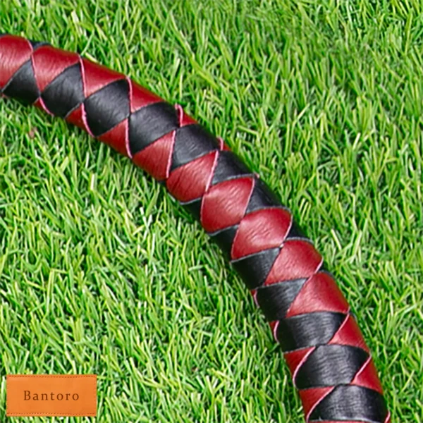 bdsm dragon tail whip black red braided leather close up detail