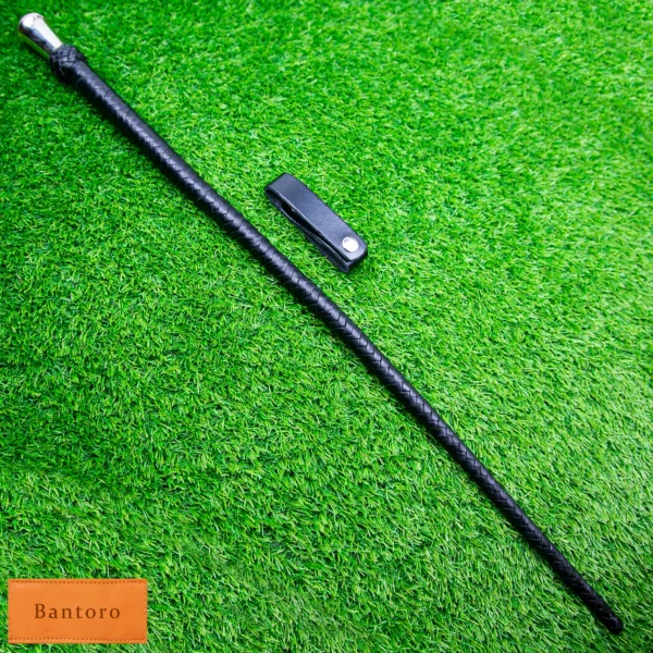 leather bdsm crop full length angled view with holder