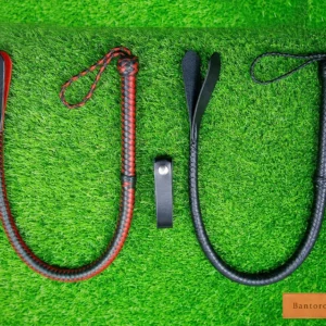 leather flogger premium black and red two tail flat lay with holder on grass background
