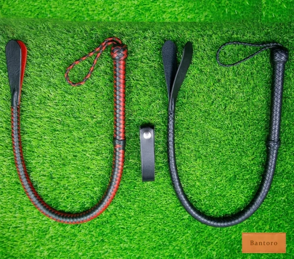 leather flogger premium black and red two tail flat lay with holder on grass background