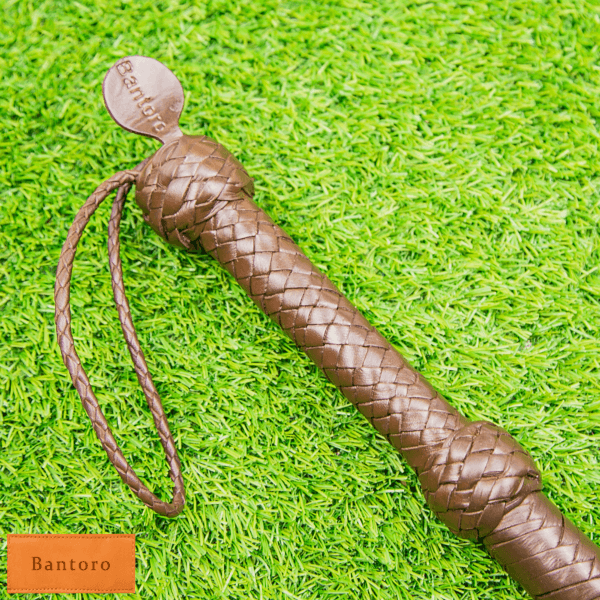 leather flogger brown braided handle close up grip