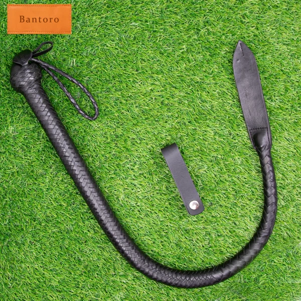 leather single tail flogger black full view with strap