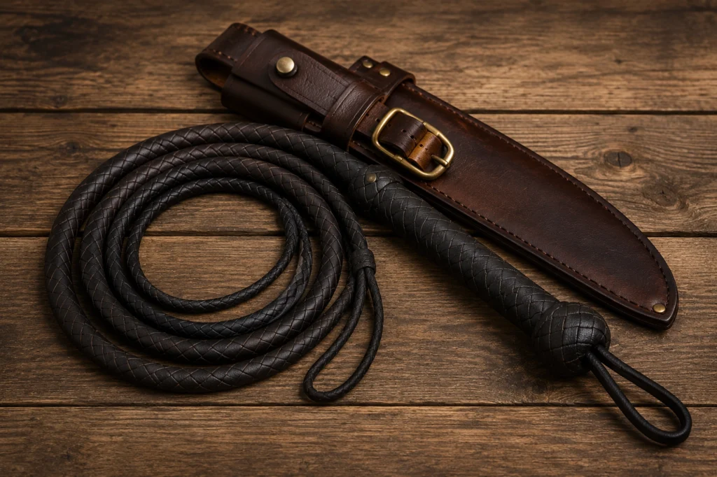 Leather bullwhip with brown holster on wooden surface