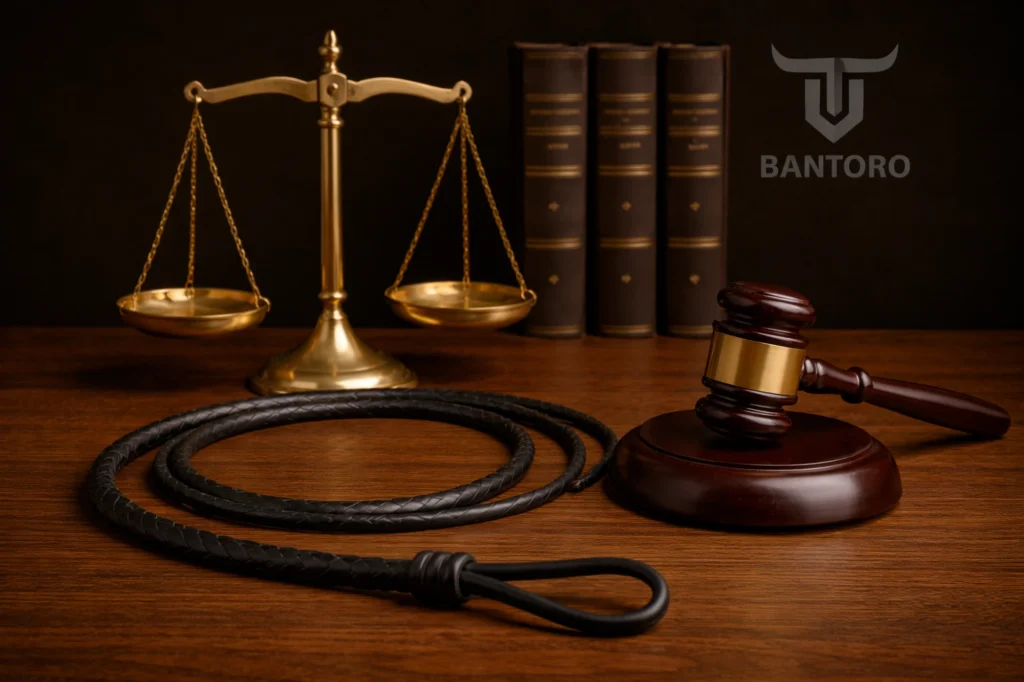 Bullwhip with legal scales and judge gavel concept image