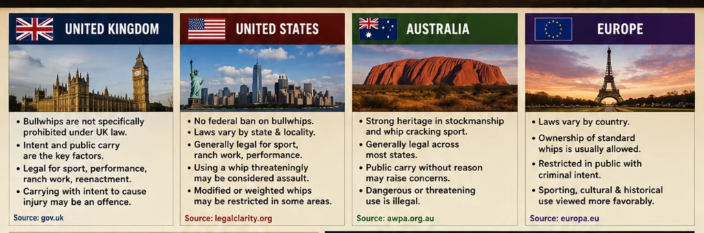 Infographic comparing bullwhip laws and legality