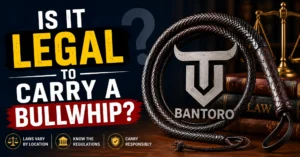 Bantoro blog thumbnail about bullwhip legality featuring a premium leather bullwhip