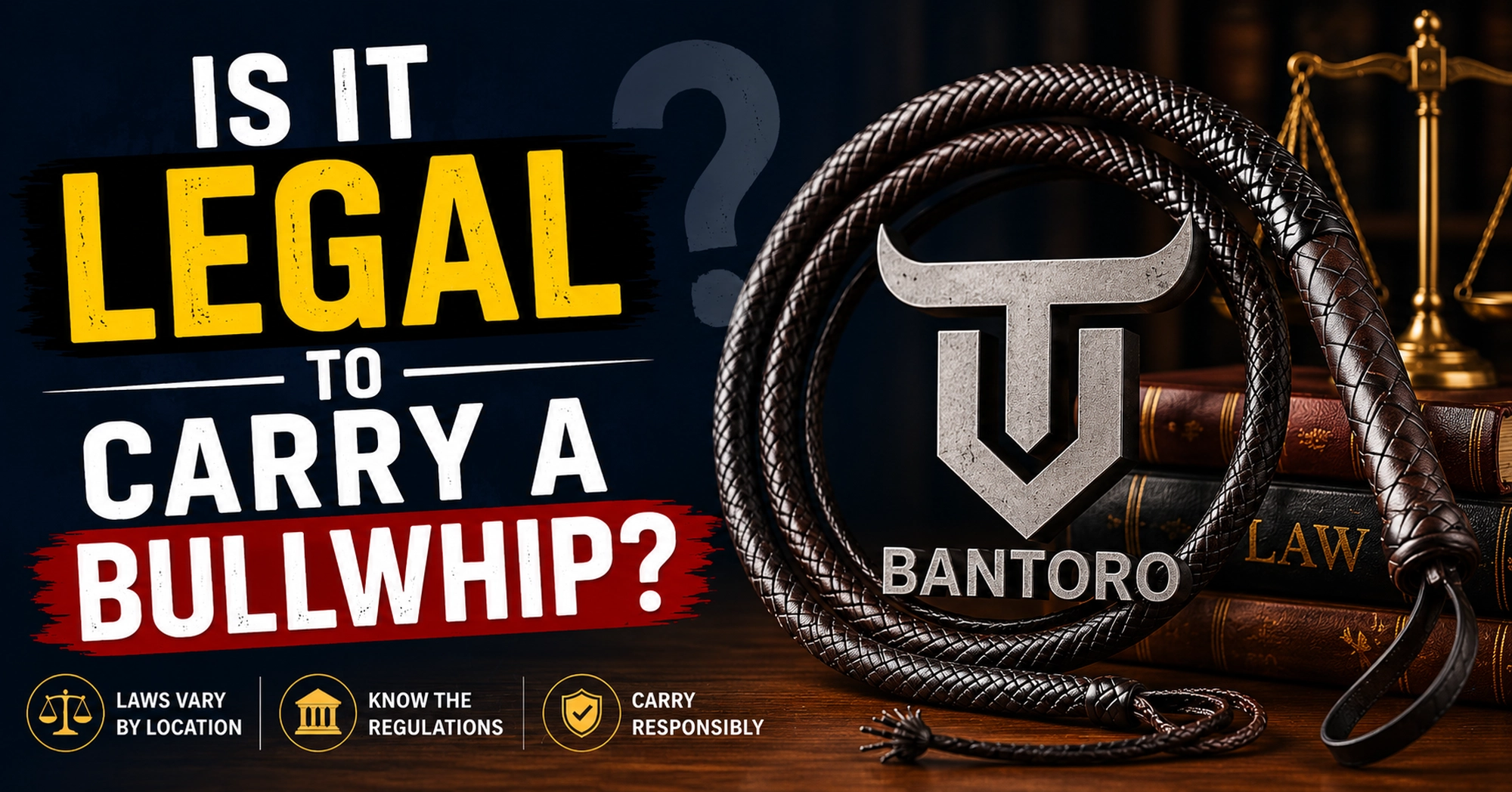Bantoro blog thumbnail about bullwhip legality featuring a premium leather bullwhip