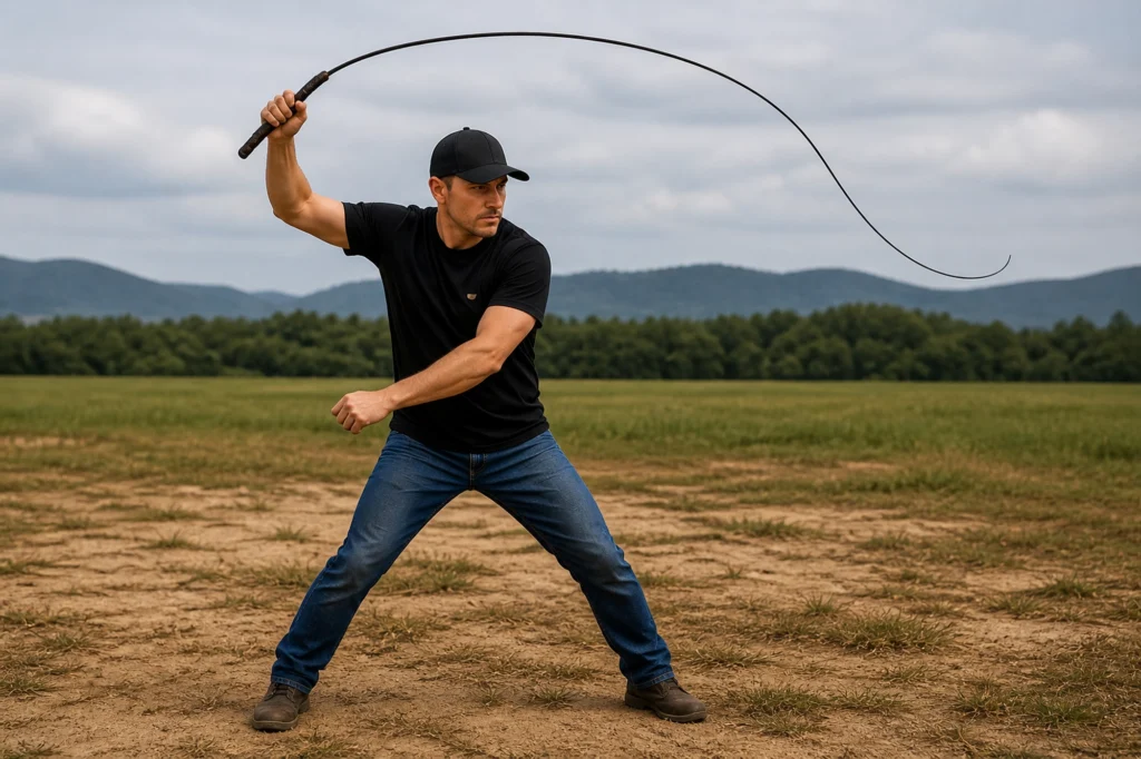 Man demonstrating bullwhip outdoors in open field
