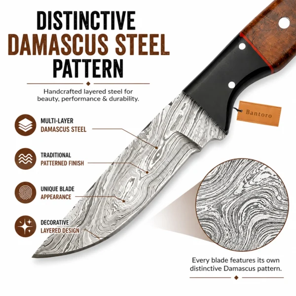 Damascus Hunting Knife close up showing layered Damascus steel blade pattern