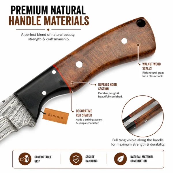 Damascus Hunting Knife walnut wood and buffalo horn ergonomic handle